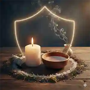 Белая свеча, горящая на деревянном столе, чаша с чистой водой, травы и соль