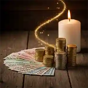 На столе лежат деньги и делается обряд безденежья