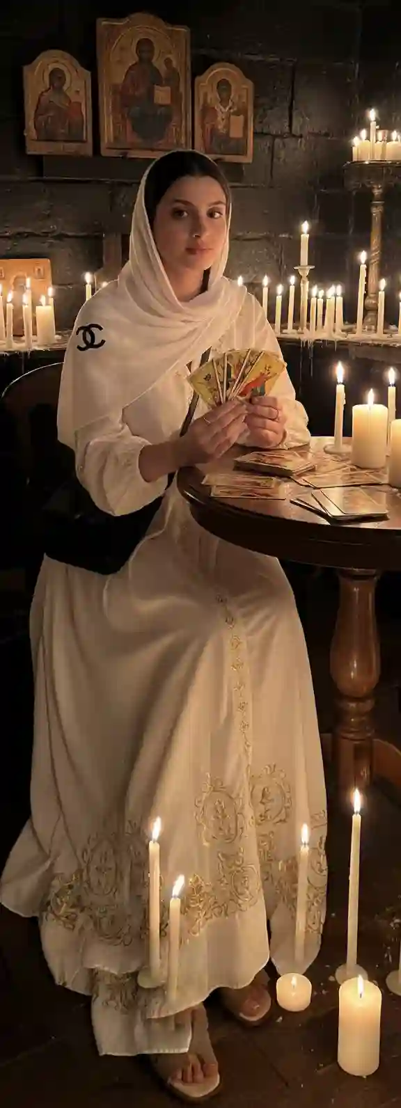 Обряд гадания на Таро — гадалка проводит эзотерический ритуал при свечах